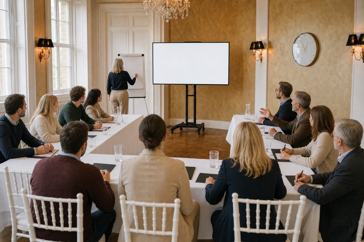 Workshop-Teilnehmer in U-Form-Bestuhlung im Salon der Eventlocation Pfalz Villa Renting Eisenberg