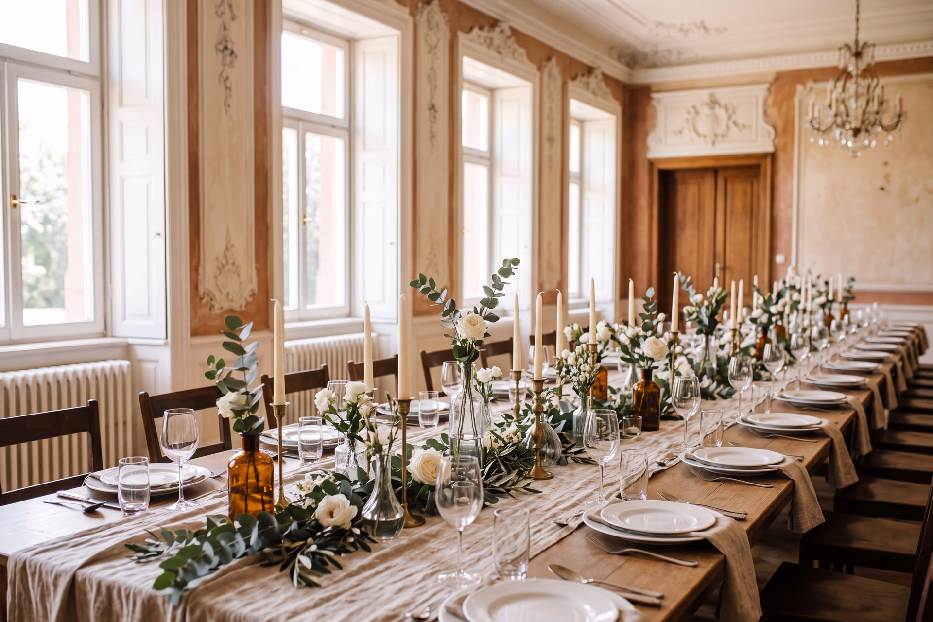 Lange Tafel mit Glasvasen, Kerzen und Eukalyptus im hellen Salon — Hochzeitsdeko mieten Villa Renting Eisenberg Pfalz