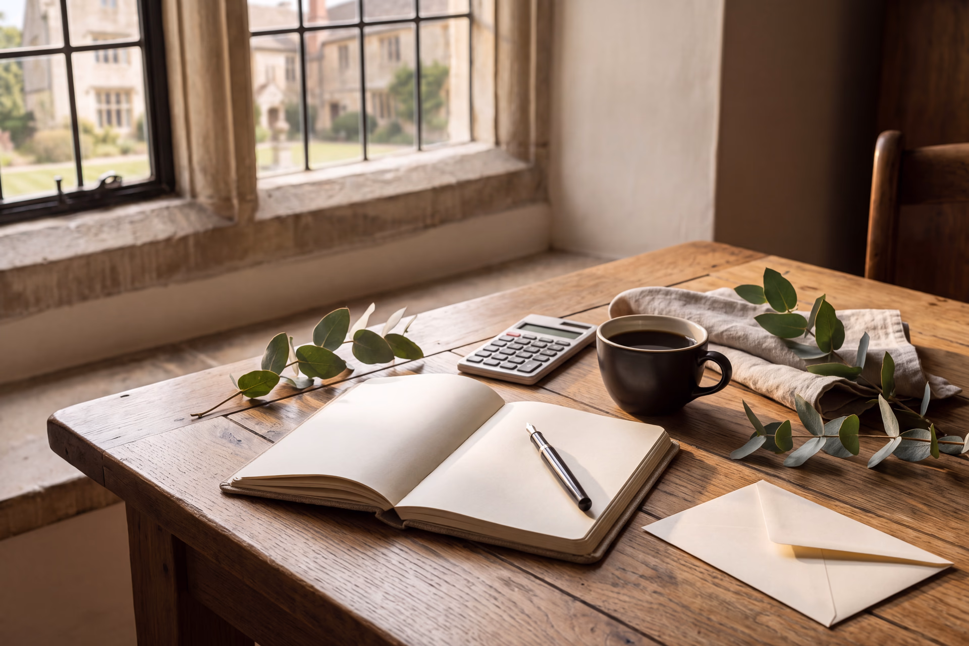 Notizbuch, Taschenrechner und Kaffee auf einer Eichentafel — Hochzeit Budget 2026 Villa Renting Eisenberg Pfalz