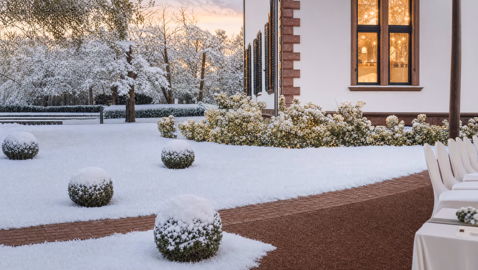 Verschneite Villa mit warm erleuchteten Fenstern in der Dämmerung — Hochzeitslocation im Winter, Villa Renting Eisenberg Pfalz