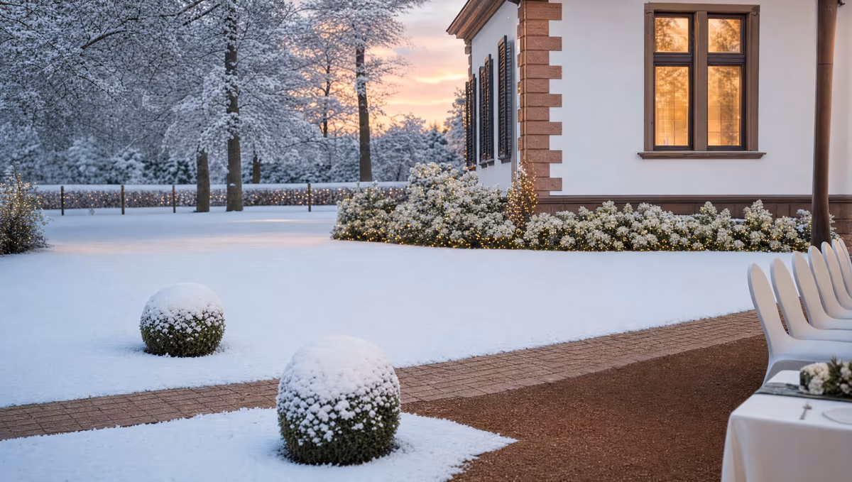 Verschneiter Park mit Blick auf die beleuchtete Villa in der Dämmerung — Hochzeitslocation im Winter, Villa Renting Eisenberg Pfalz