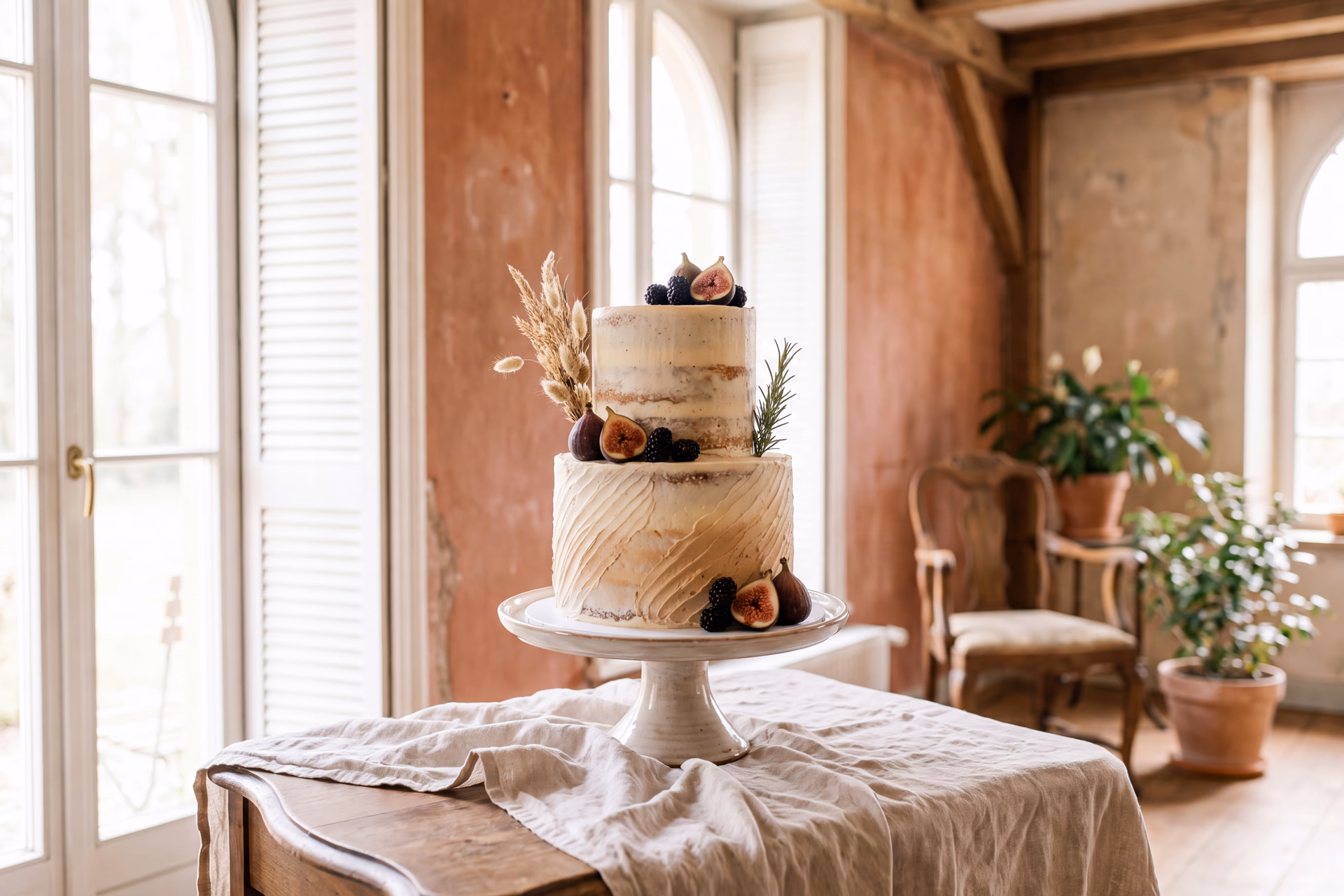 Zweistöckige Hochzeitstorte mit Feigen und Buttercreme — Hochzeitstorte Trends 2026 Villa Renting Eisenberg Pfalz