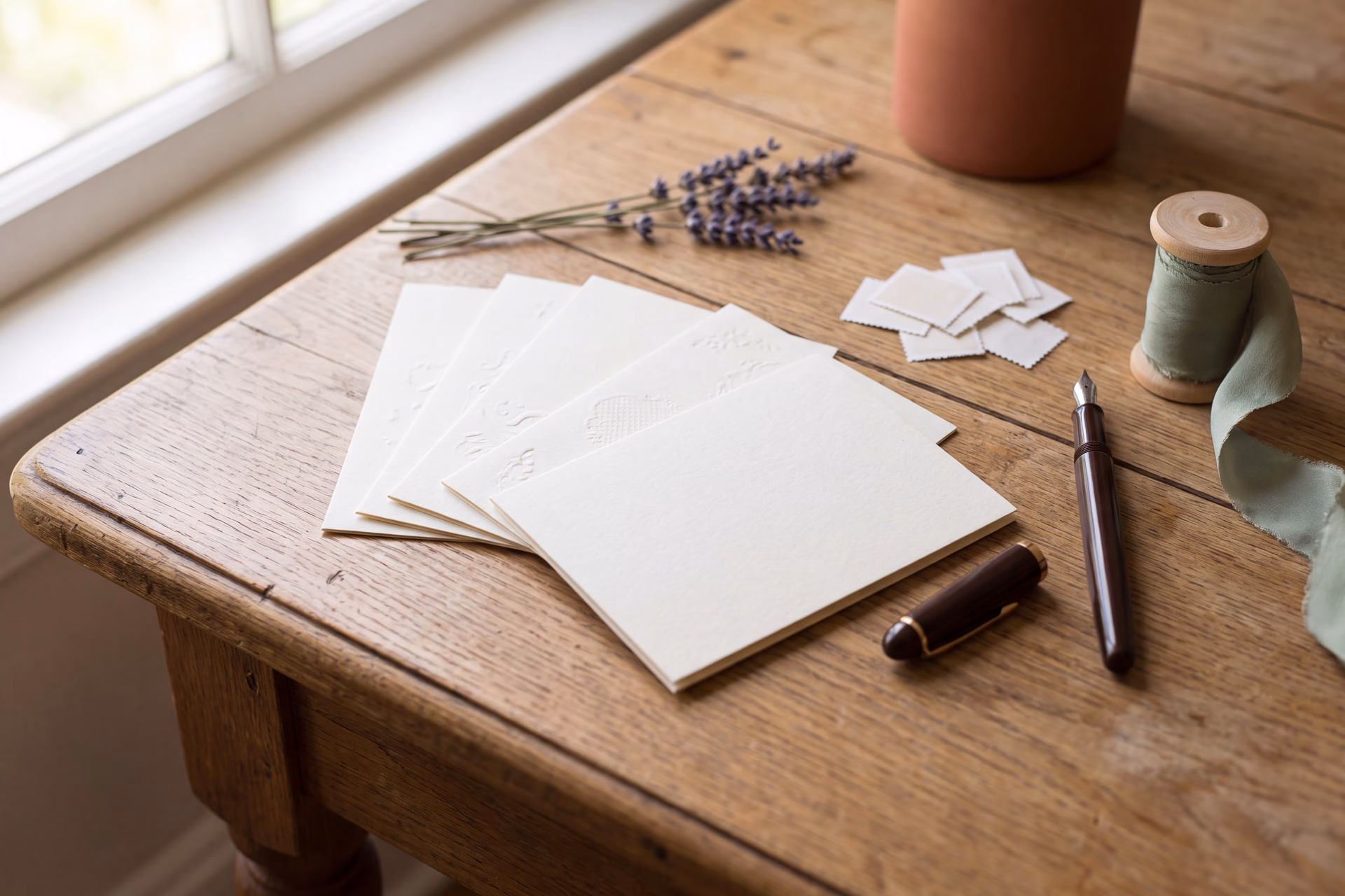 Aufgefächerte Karten, Füllfederhalter und Briefmarken auf Eiche — Save the Date Karten Hochzeit Villa Renting Eisenberg Pfalz