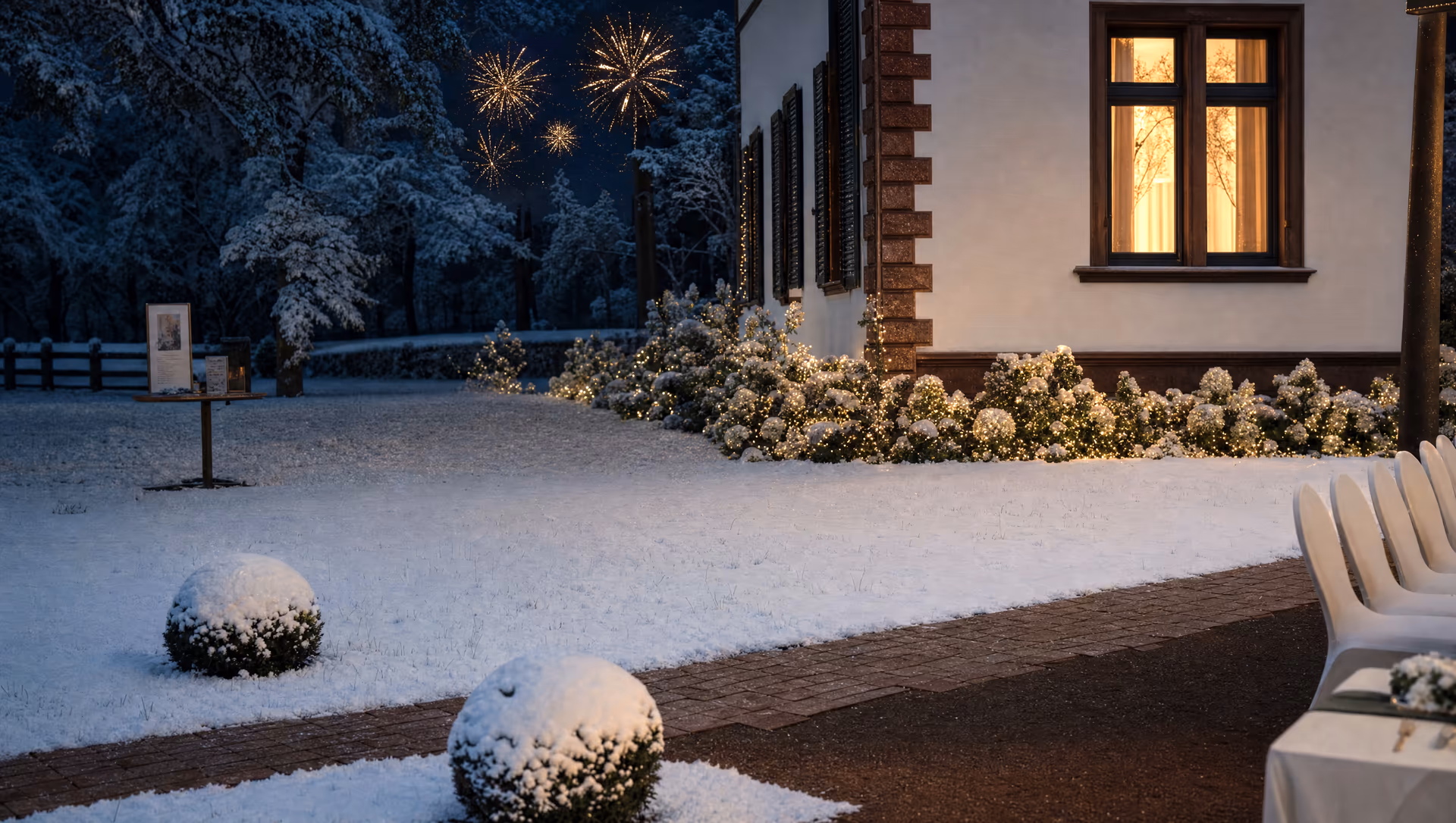 Silvesterhochzeit Villa Renting Eisenberg Pfalz — Villa bei Nacht mit Lichtern