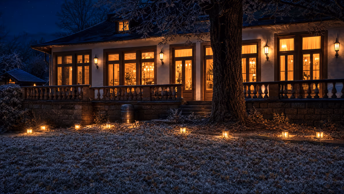 Warm erleuchtete Fenster und Laternen kurz vor Mitternacht an der Parkseite der Villa Renting Eisenberg Pfalz