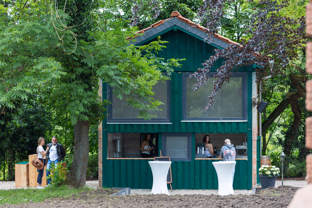 Renovated garden house serving as the park bar at Villa Renting Eisenberg, Palatinate