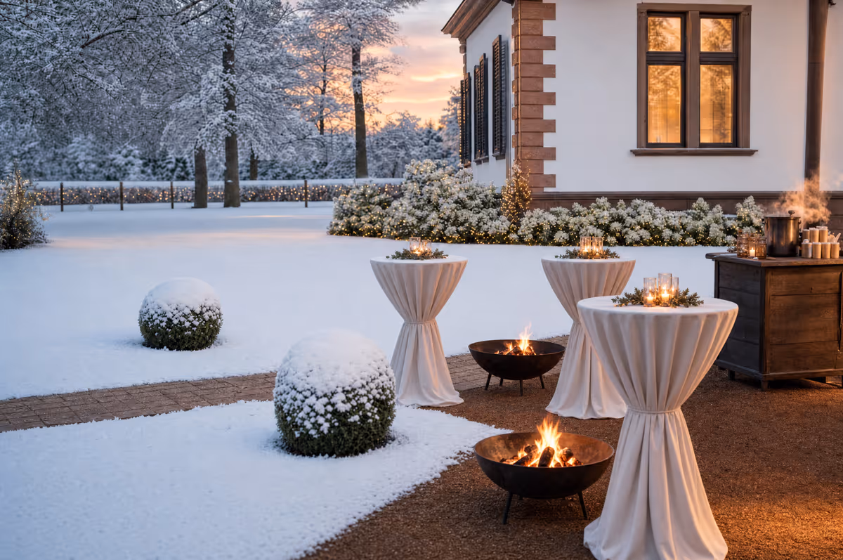 Empfang mit Feuerschalen und Glühwein im winterlichen Park der Villa Renting Eisenberg Pfalz