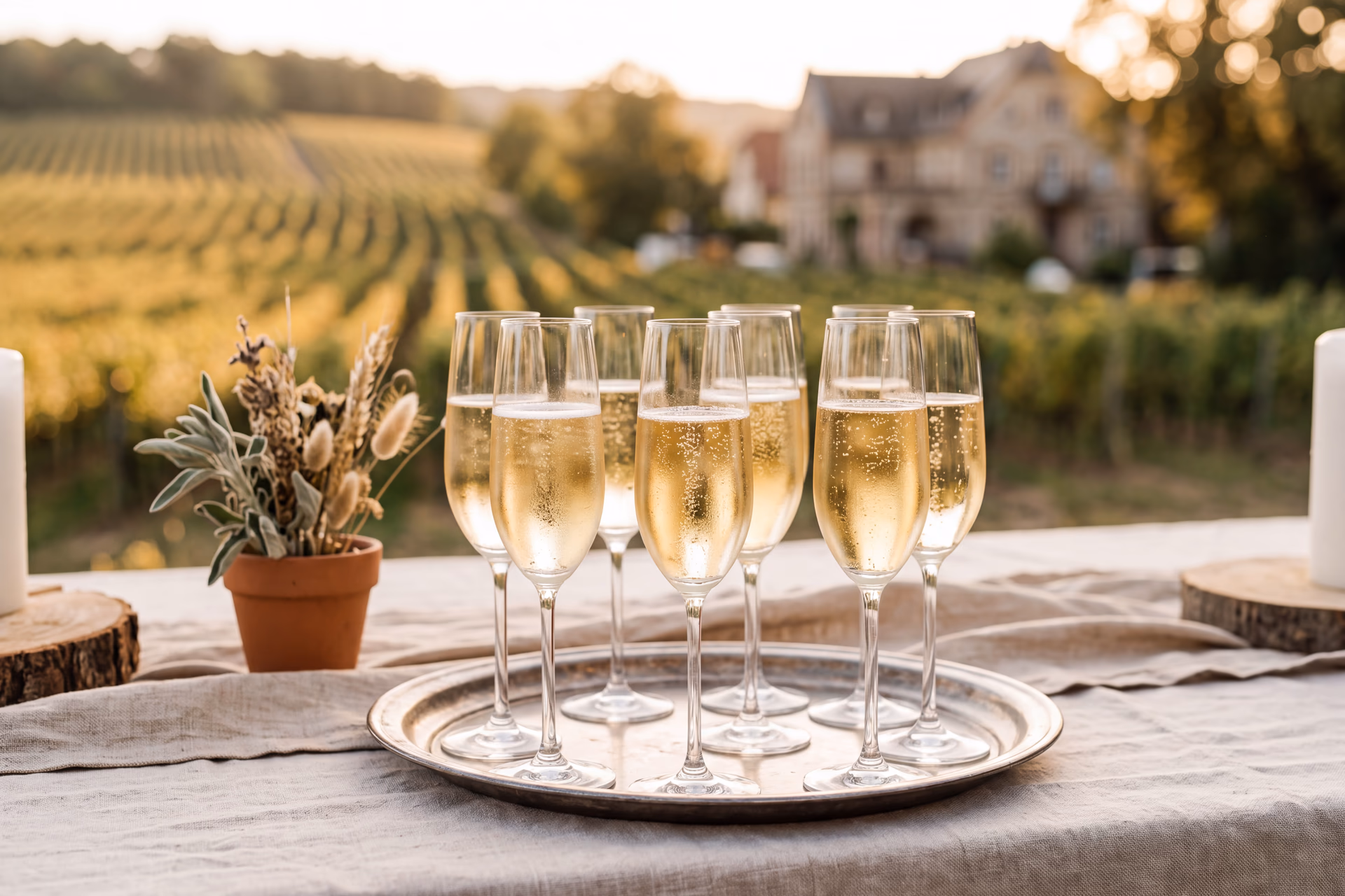 Gefüllte Sektgläser auf einem Tablett beim Empfang im Grünen — Pfälzer Wein zur Hochzeit Villa Renting Eisenberg Pfalz
