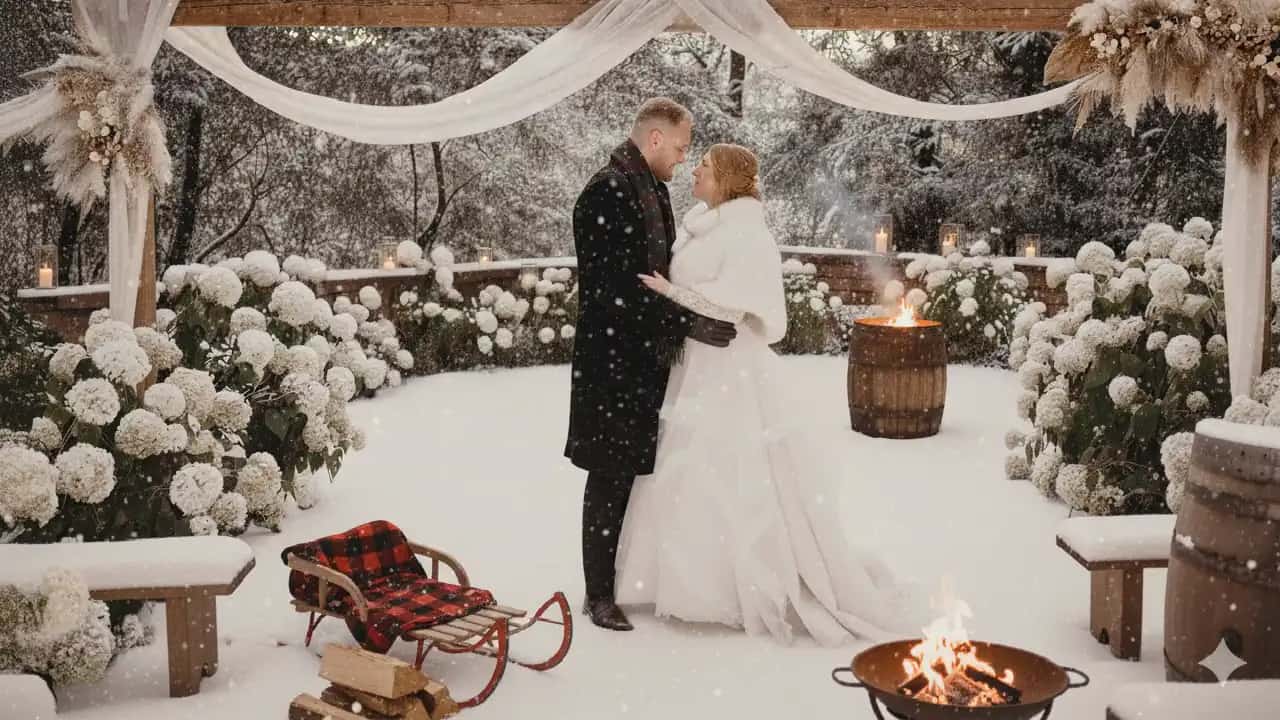 Freie Trauung bei einer Winterhochzeit im überdachten Außenbereich der Villa Renting Eisenberg Pfalz