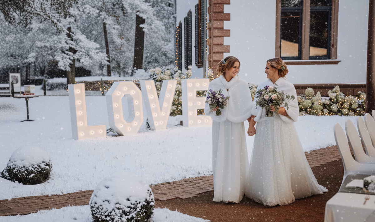 Winterhochzeit Location Pfalz Villa Renting Eisenberg — Brautpaar im Schnee vor dem Haus, LOVE-Leuchtbuchstaben im verschneiten Park