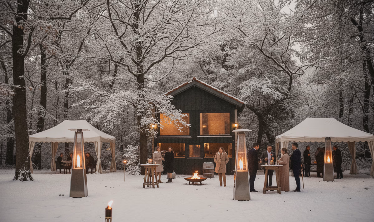 Winterhochzeit Pfalz Villa Renting Eisenberg — verschneiter Park mit Pavillons, Heizpilzen und Feuerschale am Abend
