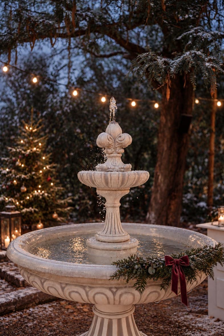 Brunnen mit Tannen und Lichterkette im Park der Villa Renting am Winterabend