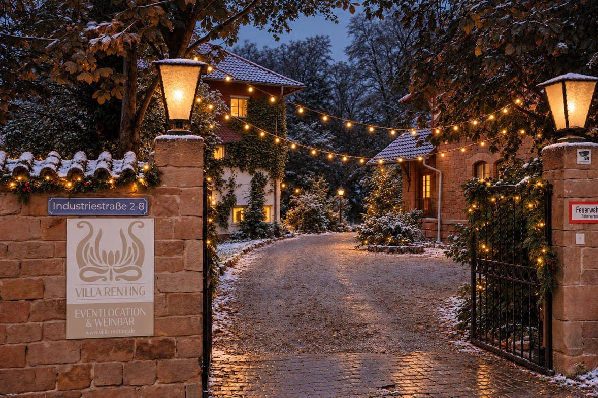 Einfahrt der Villa Renting in Eisenberg (Pfalz) am Winterabend mit Lichterkette, Laternen und Schnee auf dem Pflaster