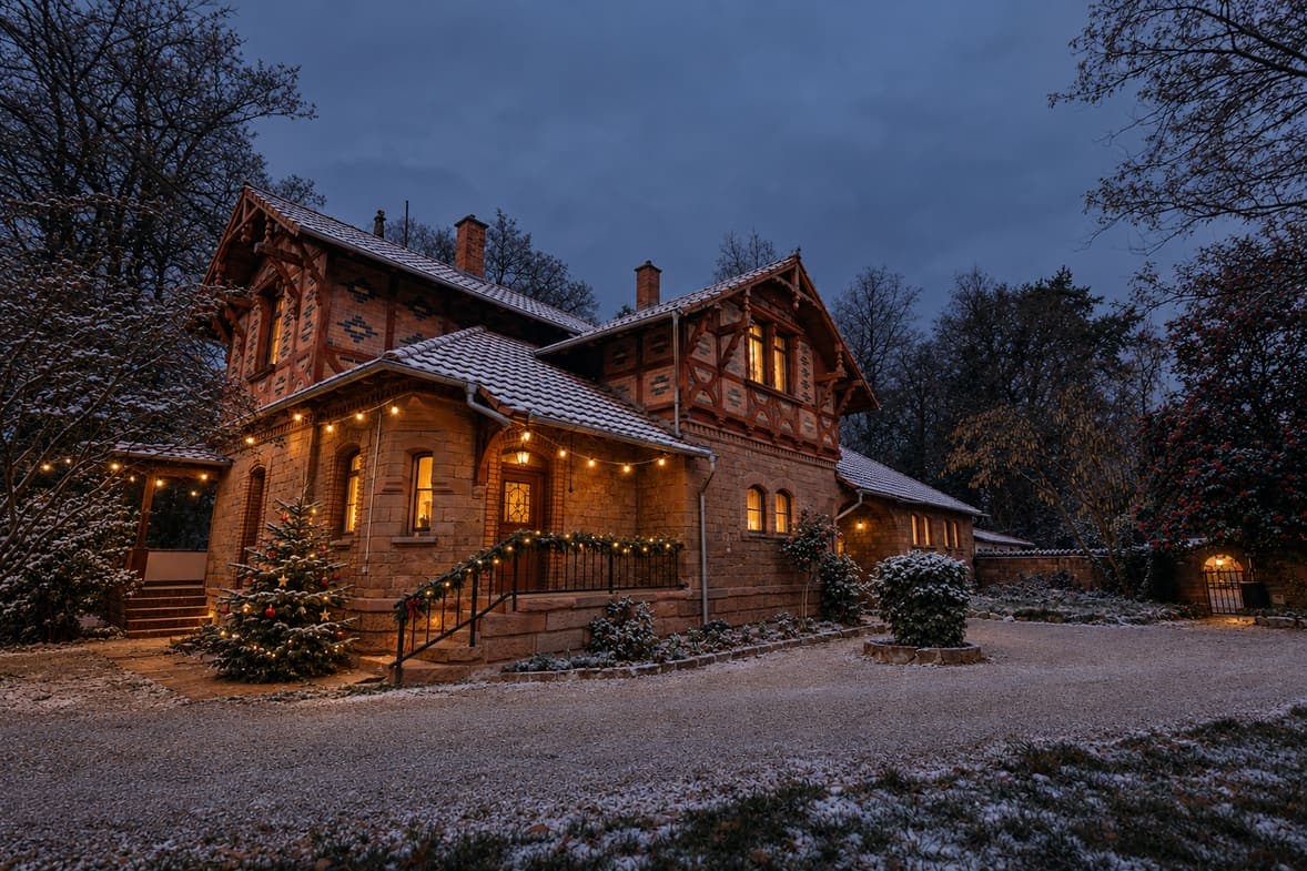Fachwerkhaus im Park der Villa Renting mit Tannen und warm erleuchteten Fenstern im Winter